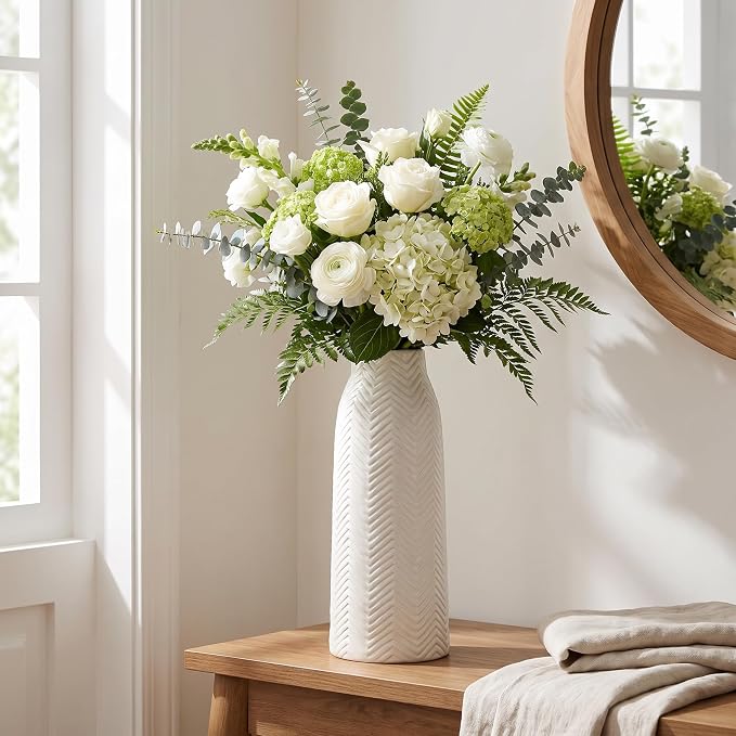 hjn Large White Vase for Flowers Ceramic Vase for Home Decor Tall Vases for Your Floor/Kitchen/Office/Living Room/Table- White Texture(Large)