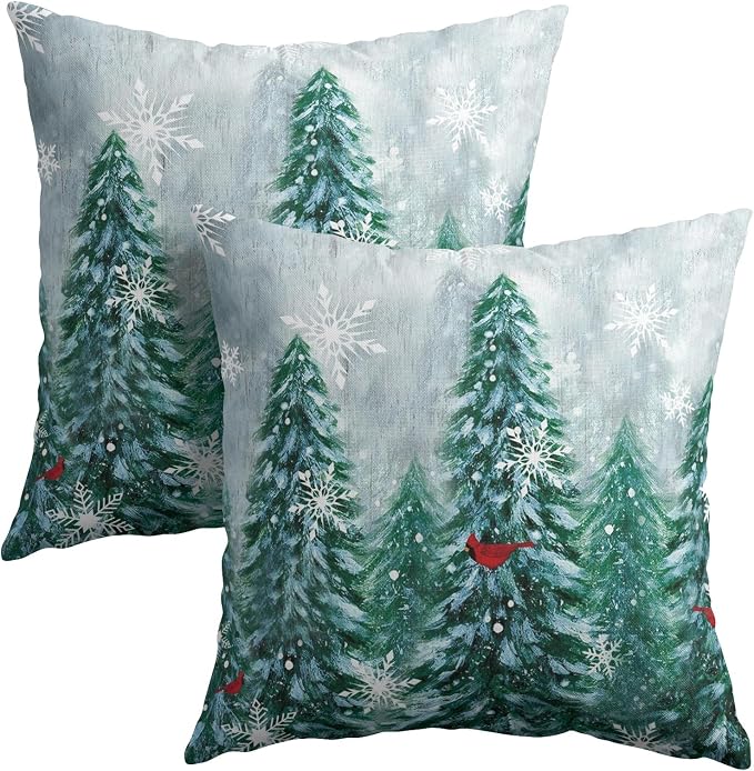 Kawani Winter Forest Throw Pillow Covers 22x22 Inches, Set of 2 Green Trees Birds Snow Woodlands Square Pillowcase Cotton Linen Cushion Covers for Couch Chair Sofa Bed Living Room Decor