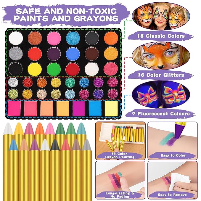 Face Painting Kit for Kids, 51 Colors Water Based Non-Toxic Paint, with 4 Brushes, 38 Stencils, 6 Reusable Stencils, etc. Washable Face Paints for Birthdays Halloween Party Carnival