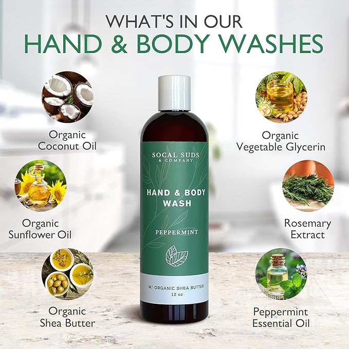 SoCal Suds & Company Organic Shea Butter Body Wash, 2-Pack – Peppermint Liquid Castile Soap for Hand & Body, Moisturizing Plant-Based Organic Soap for Women, Men & Sensitive Skin (12oz Each)