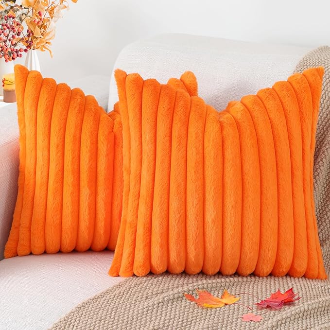 Pallene Faux Fur Fall Throw Pillow Covers 24x24 Set of 2, Burnt Orange | Luxury Plush Texture, Striped Design, Cozy Soft Touch, Modern Home Accent Decor for Couch, Sofa, Bed, Living Room
