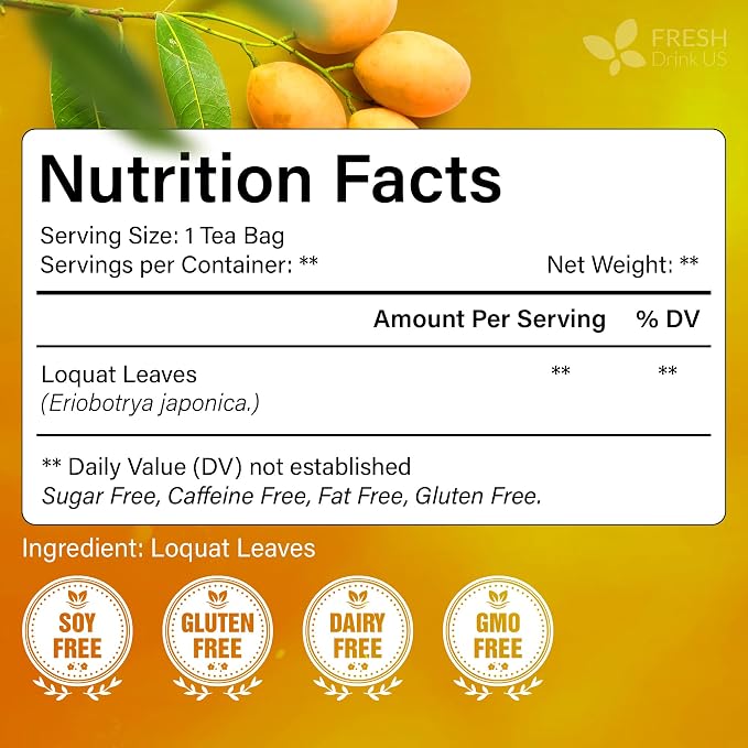 FreshDrinkUS, Premium 40 Tea Bags Loquat Leaf Tea | Eriobotrya japonica | Herbal Tea Bags | Naturally Dried Loquat Leaves | Caffeine-Free Botanical Tea. Sugar-Free. Caffeine-Free. Vegan