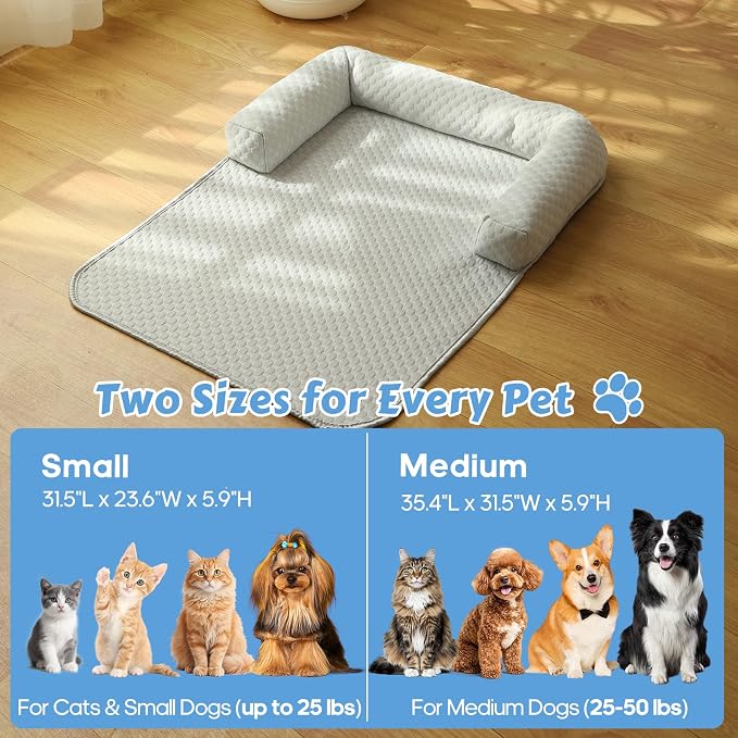 Cooling Pet Bed Mats with Neck & Head Support, 31.5 x 23.62 inch Grey | for Small and Medium Dogs & Cats, Non-Slip, Machine Washable, Protects Sofa from Fur & Scratches