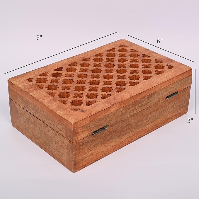 Mango Wood Decorative Wooden Box with Hinged Lid in Jali Carvings Used as Storage Box Christmas Gifts Items (9" x 6" x 3')