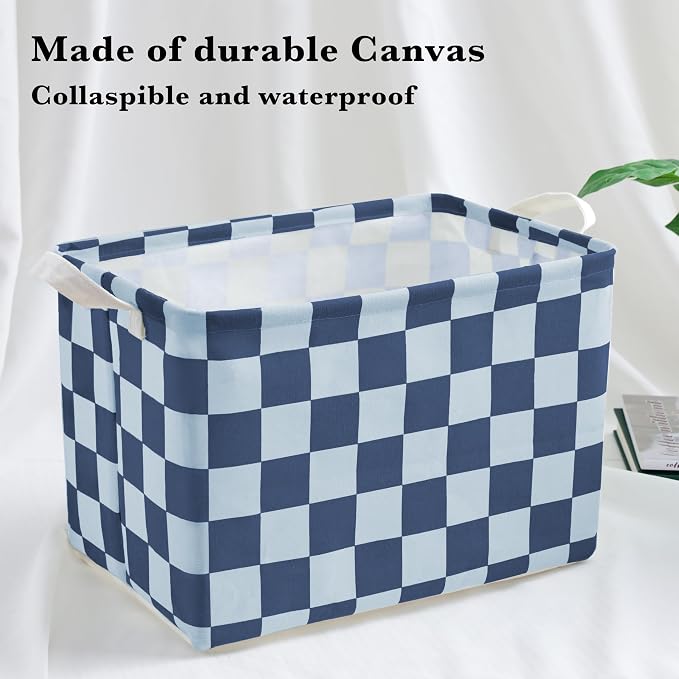 Ohocut Navy Blue Checkered Canvas Basket, Rectangular Organizing Decorative Storage Basket for Kids Dog Toy, Cute Aesthetic Race Cars Boy Room Decor for Home, Kitchen, Bedroom, Classroom, Shelves