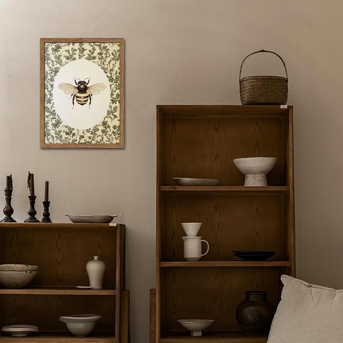 Framed Vintage Bee Wall Art, Cottagecore Floral Botanical Decor, Rustic Garden Insect Pictures Poster, Oval Bumblebee Canvas Print Wall Decor for Bedroom Living Room 12x16 inch