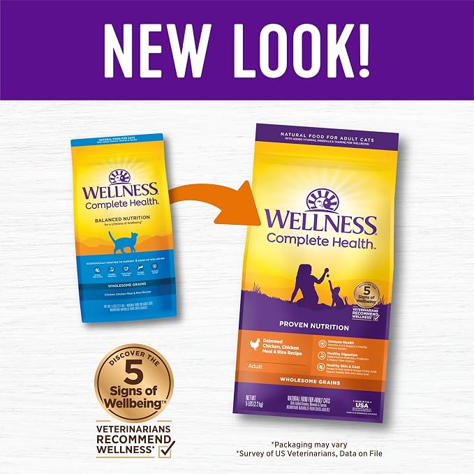 Wellness Complete Health Adult Dry Cat Food, Natural, Wholesome Grains Kibble, Chicken Recipe, 5 lb Bag