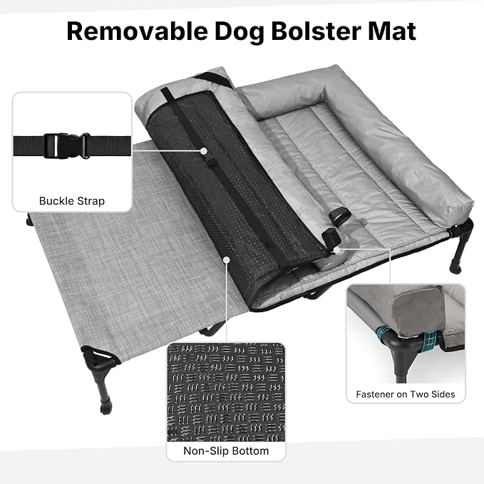 Veehoo Outdoor Elevated Dog Bed with Waterproof Bolster Cushion, Cooling | Raised Dog Bed with Removable & Washable Mat Topper, Breathable Mesh, Dog Couch Cot for Indoor Outdoor, 59", Large, Grey