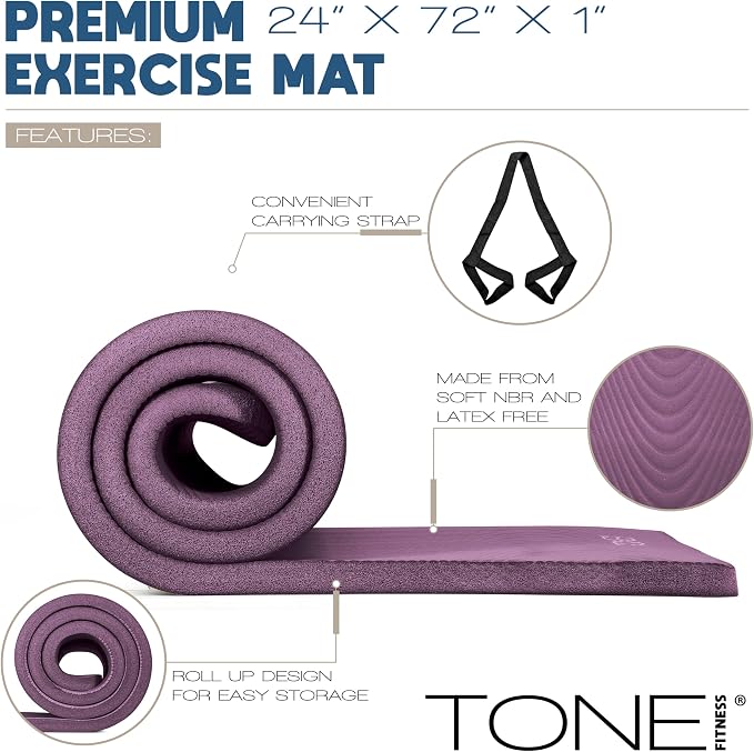 Tone Fitness 1-Inch Thick Yoga Mat | High-Density, Non-slip Exercise Mat with Carrying Strap for Yoga, Pilates, & Home Gym Workouts | Multiple Options
