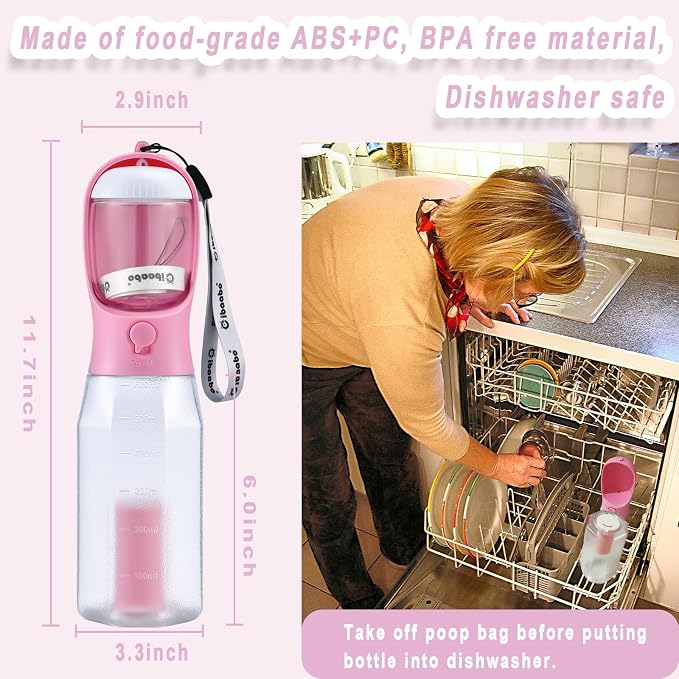 Cibaabo Dog Water Bottle with Food Container & Poop Bag Holder & Filter | Feeding & Hydration & Waste All in One | Travel Puppy Water Bowl | Portable Pet Dispenser | Girl Dog Accessories for Walking