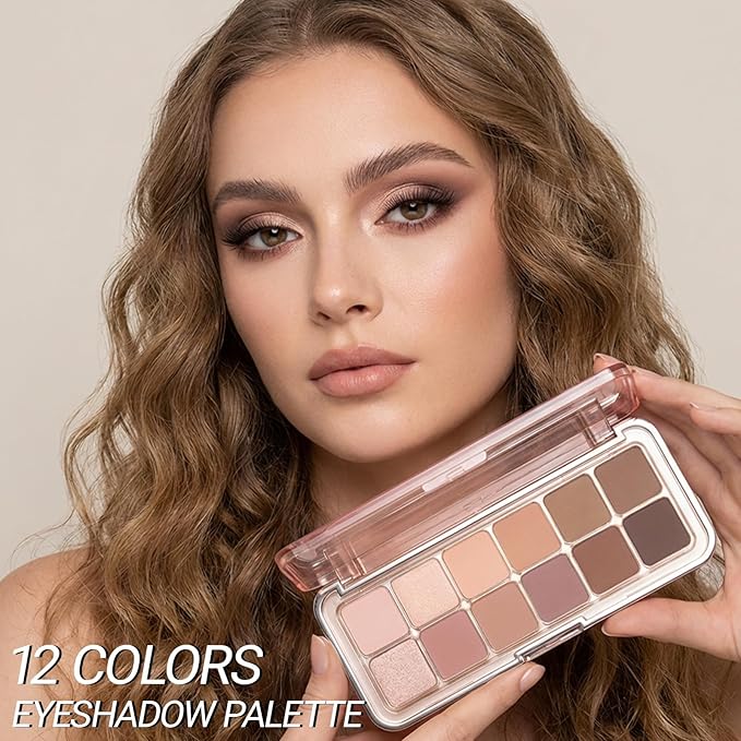 Erinde 12 Colors Eyeshadow Palette, Latte Brown Neutrals & Nude Eye Shadow Makeup, Matte Shimmer Finishes, Long Lasting Ultra-Blendable Waterproof Eyeshadow Powder for Daily & Party, 08