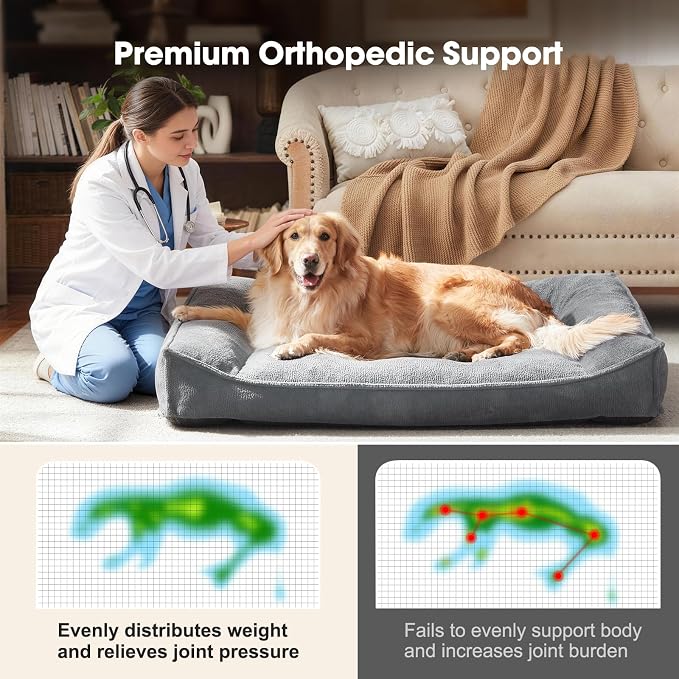 FURTIME Orthopedic Dog Bed Large Sized Dog, Extra Washable Dog Couch 38" | Supportive Thick Pet Sofa, Ergonomic Slant Dog Beds with Removable Cover, Ultra Soft Surface & Non-Slip Bottom, Light Grey