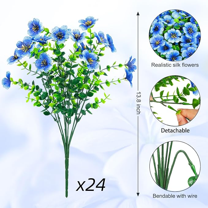 24 Pcs Artificial Flowers for Outdoors Decorations, Blue | Lifelike silk flowers, UV resistant, faux plastic plants, for garden porch window table vase home indoor outdoor decor