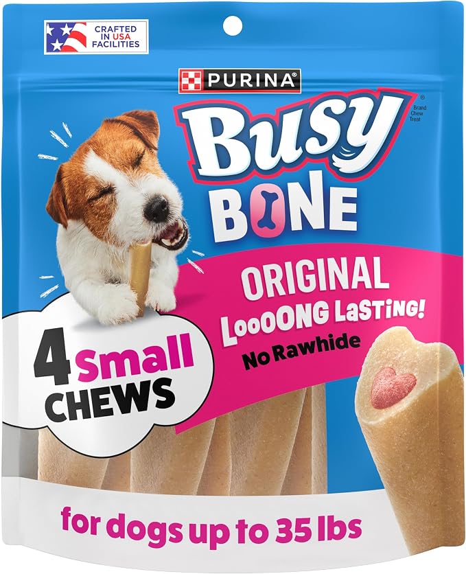 Purina Busy Bone Adult Small Dog Chew Treats, Original, (8) 4 ct Pouches | Rawhide free chew with a real meat center for small dogs up to 35 lbs, long lasting chew that helps clean teeth