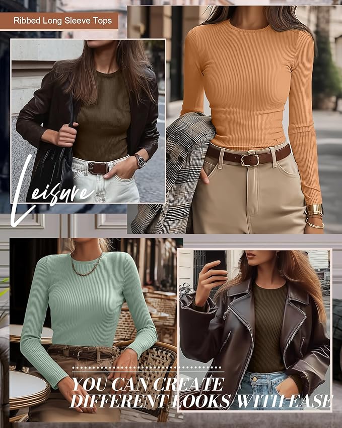 Ficerd 3 Pack Women's Ribbed Long Sleeve Tops, Crew Neck Slim Fit Undershirts Knit Basic Casual Stretch Layering Tee Shirts