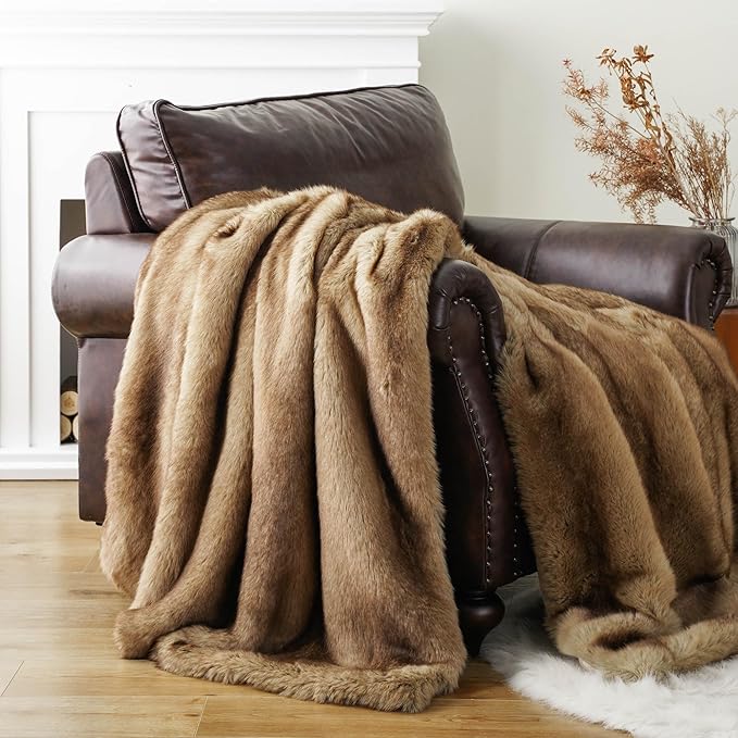 BATTILO Luxury Ochre Faux Fur Throw Blanket for Couch, Home Decor, 60"x80" | Large Soft Cozy Mink Plush Warm Elegant Furry Fluffy Faux Fur Blanket for Bed, Sofa, Living Room, Long Pile