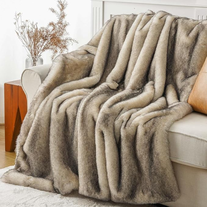 BATTILO Luxury Faux Fur Throw Blanket for Couch, Home Decor, 50"x60", Thick | Soft Cozy Plush Warm Elegant Furry Fluffy Faux Fur Blanket for Bed, Sofa, Living Room, Long Pile with Black Tips