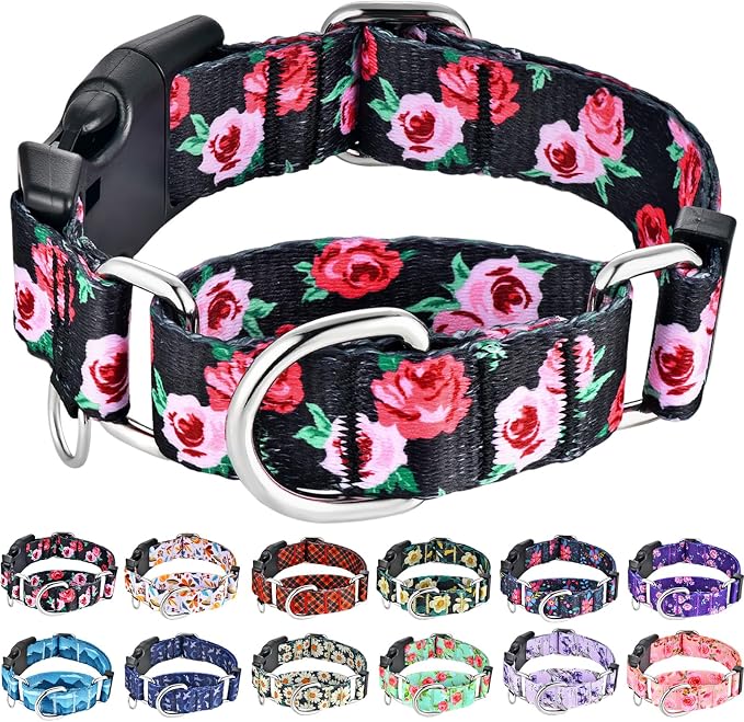 Martingale Collar for Dogs with Buckle No Pull, Black Floral, M