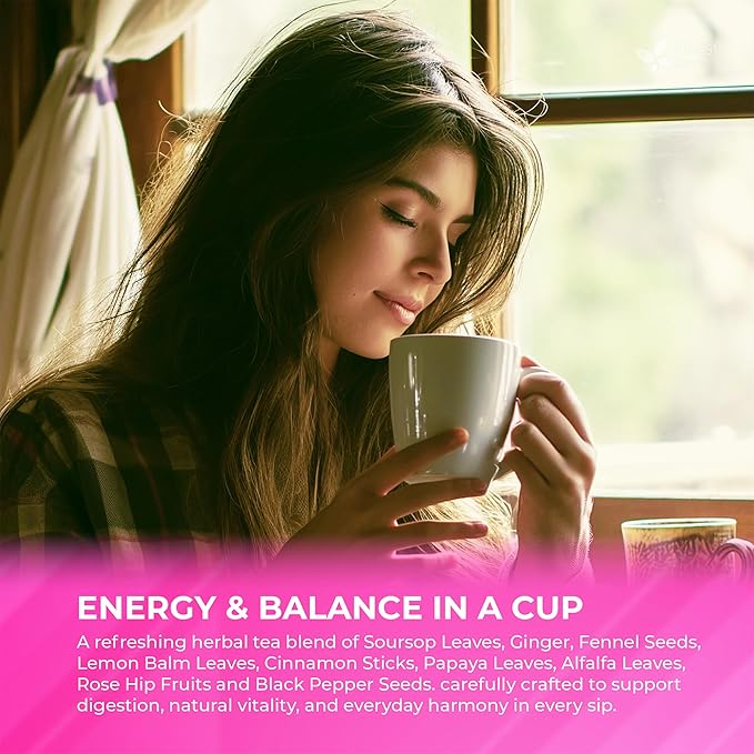 FreshDrinkUS, Premium Happy Belly Tea | 75 Tea Bags | Herbal Tea Blend with Soursop Leaves, Ginger, Fennel Seed, Lemon Balm, Cinnamon, Papaya Leaves & Rose Hip – Naturally Caffeine Free. Sugar Free