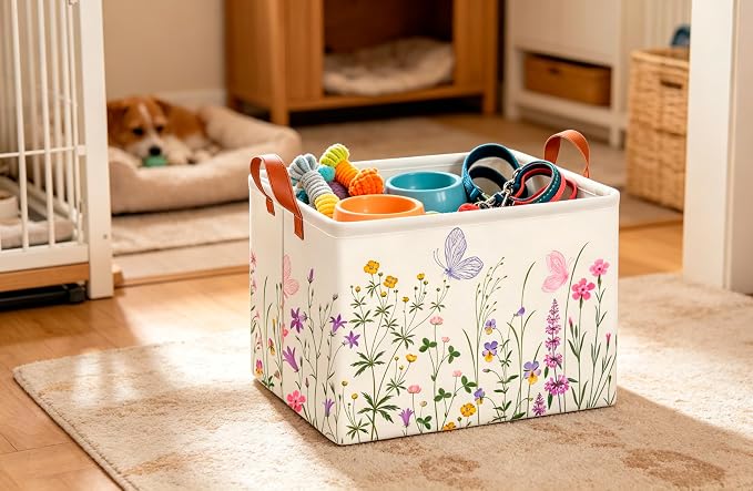 CLOCOR Rectangular Storage Basket Empty,Gift Basket,Waterproof Storage Bin with Handles,Room Decor(Flower)