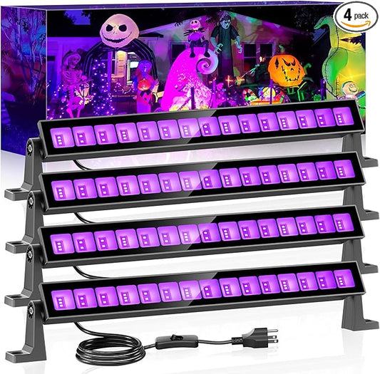 45W LED Black Light Bar,Black Lights for Glow Party,Waterproof Blacklight with Plug & Switch, Halloween Light for Glow in The Dark Party Supplies,Bedroom,Body Paint,Stage Lighting,4 Pack