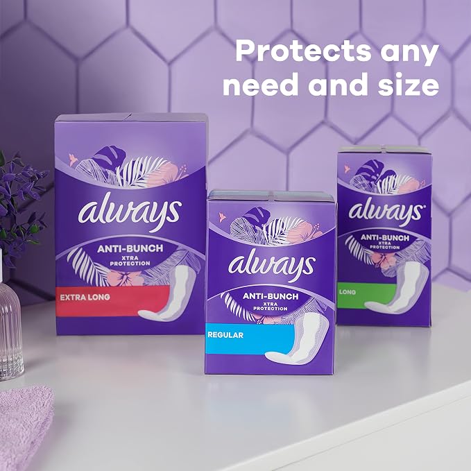 Always Panty Liners for Women Anti-Bunch Xtra Protection Daily Liners, Long, Unscented, 108 Count