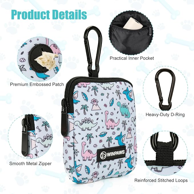 Dog Treat Pouch with Training Clicker,Waterproof Nylon Fabric Poop Bag Holders for Leashes,Hands Free Small Dog Walking Bag with Carabiner, Pet Puppy Training Walking Essentials (Dinosaur)