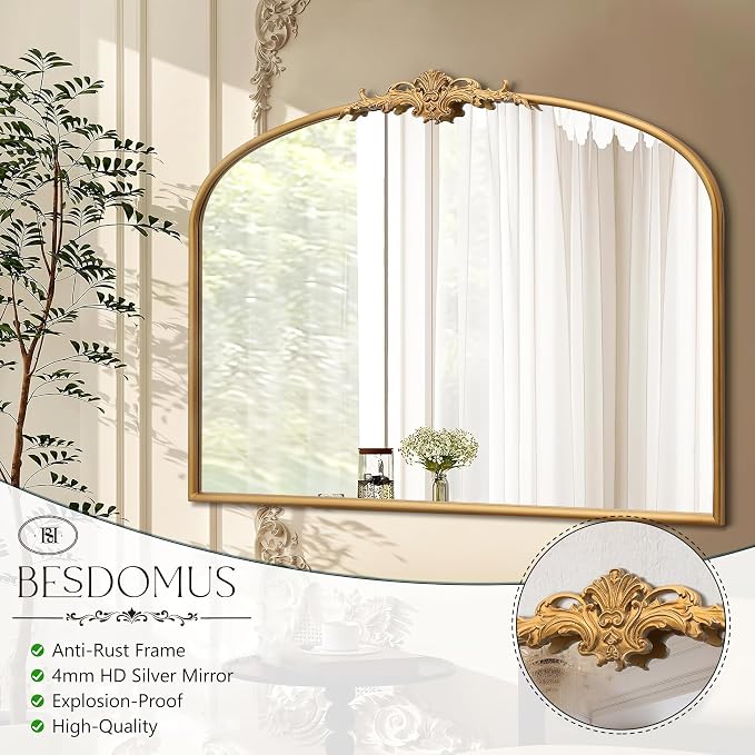 Besdomus Vintage Arched Gold Mirror: 40"x29" Large Arch Antique Decorative | French Baroque Metal Framed Mirrors - Traditional Ornate for Entryway/Bedroom/Fireplace/Bathroom - Ideal for Home Renovations