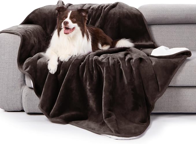 gogobunny Waterproof Bed Blanket, Reversible Sherpa Fleece Throw Blanket for Dog Puppy Cat, Furniture Cover Protects Bed Couch Sofa from Liquid Pee and Pet Fur (Dark Brown, 60x80 inches)