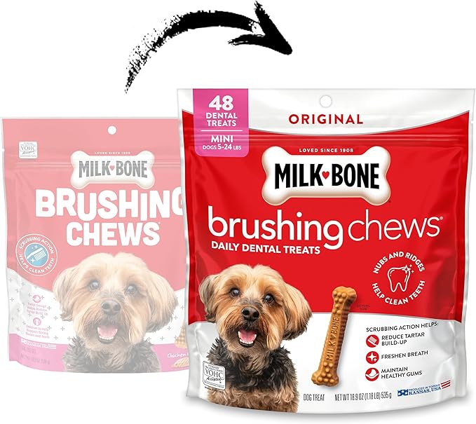 Milk-Bone Brushing Chews Mini Daily Dental Dog Treats, 18.9 oz Bag | 48 treats, original chicken flavor, VOHC accepted dental chews, helps clean teeth and freshen breath, for small dogs 5–24 lbs