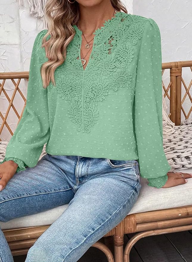 Womens Tops Swiss Dot Boho Long Sleeve Shirts V Neck Casual Chiffon Blouses Flowy Lace Hem Cute Clothing Trendy 2026