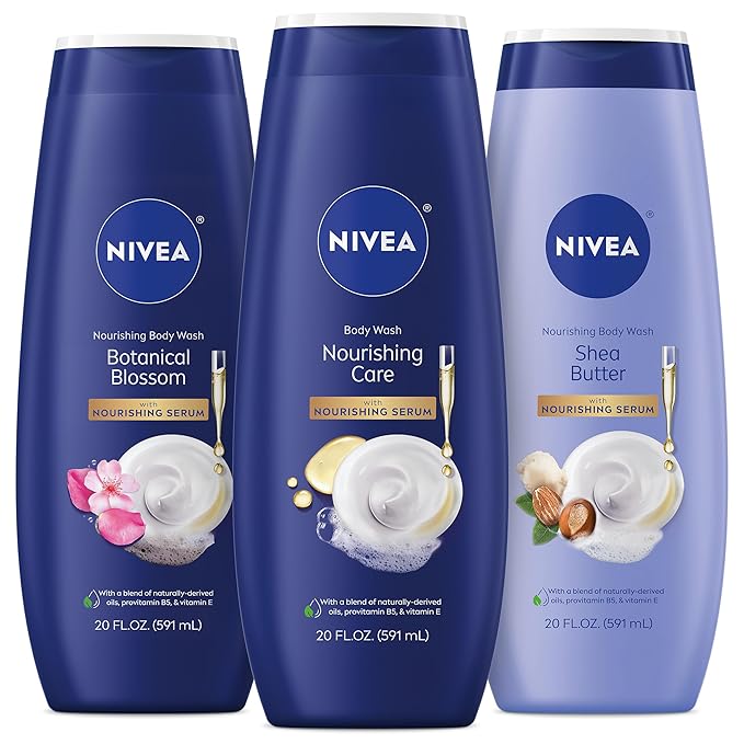 NIVEA Nourishing Body Wash Set with Botanical Blossom, Nourishing Care and Shea Butter Body Washes, Skin Care Set for Women with Provitamin B5 and Vitamin E, 20 Fl Oz Bottle, Pack of 3