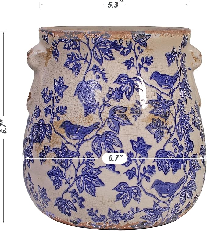 English Country Ceramic Planter, 6.7" Chinoiserie Vase & Utensil Holder | Vintage Crock Flower Pot with Drainage for Indoor & Outdoor Use, Rustic Farmhouse Kitchen & Garden Decor Gift (Blue Bird)