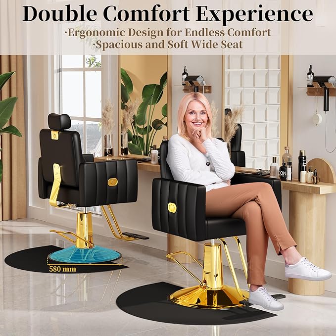 Baasha Reclining Gold Salon Chair with Adjustable Headrest, All-Purpose Hydraulic Styling Chair, Soft PU Leather, Heavy-Duty Steel Frame, 440 lbs Capacity, for Haircut, Braiding & Tattoo