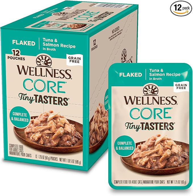 Wellness CORE Tiny Tasters Flaked Adult Wet Cat Food, Natural, Protein Rich, Grain Free, Tuna and Salmon Recipe, 1.75 oz, Pack of 12 Pouches