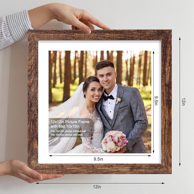 Hongkee 12x12 Picture Frame Set of 4 - Made of Glass and Rustic Brown Wooden Frame, Display Square Pictures 10x10 with Mat or 12 x 12 without Mat, Desktop & Wall Collage Photo Frame