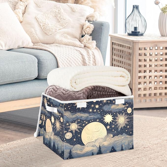 Stars and Moon Storage Bins with Lids and Carrying Handle,Foldable Storage Boxes Organizer Containers Baskets Cube with Cover for Home Bedroom Closet Office