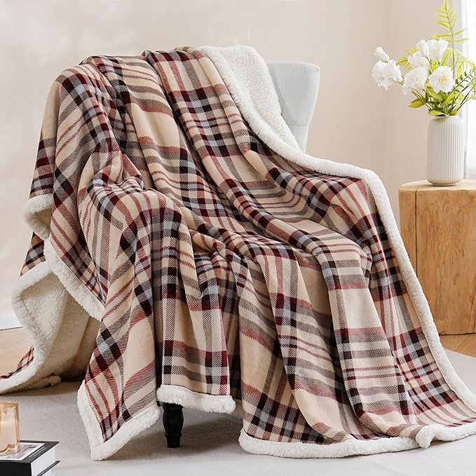 PU MEI Sherpa Fleece Throw Blanket 60" x 80" Reversible Plush Fluffy Large Big Blanket Lattice Flannel Blankets for All Season Use, Beige Stripe