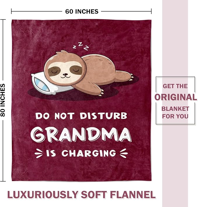 Leebbsin Funny Gifts for Grandma, Grandma Birthday Gift from Grandkids | Grandma is Charging Sloth Blanket 60" x 80" Burgundy, Grandmas Gift for Christmas Mothers Day, Soft Sloth Blanket for Grandma
