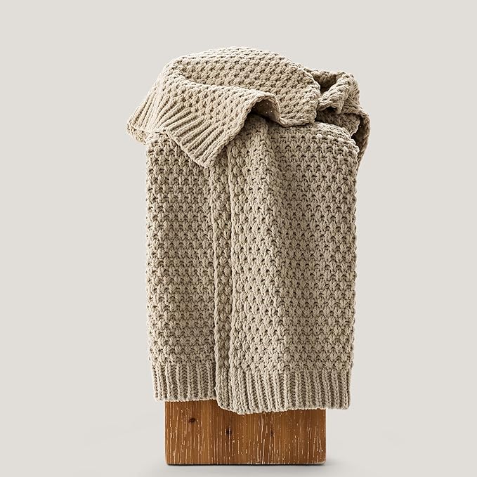 EVERGRACEHOME Chunky Chenille Knit Throw Blanket, 60 x 80, Sand Dune | Sculpted Moss Stitch, Chic Modern Farmhouse, All-Season Warmth, OEKO-TEX® Certified, Elegant Blanket for Couch, Bed, Sofa