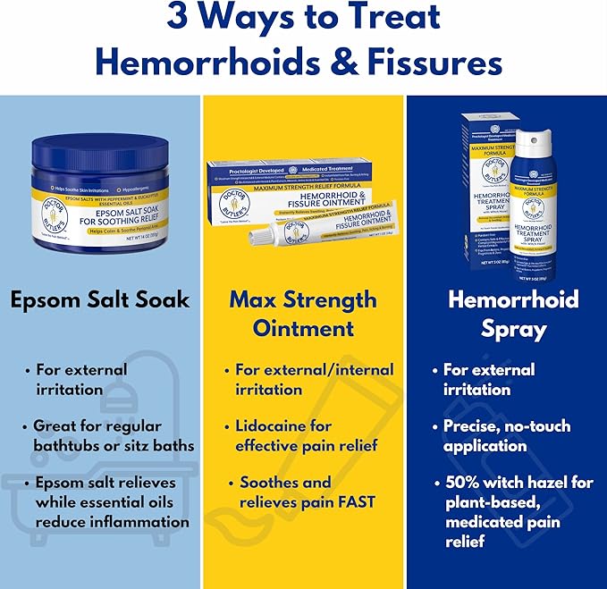 Doctor Butler's Hemorrhoid Treatment Bundle - Includes Hemorrhoid & Fissure Ointment with 4% Lidocaine, Hemorrhoid Spray with Witch Hazel, and Epsom Bath Salts to Help Reduce Irritation