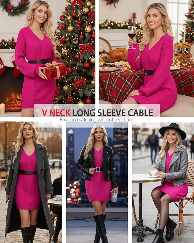 Women's Pullovers Jumper Sweaters Lantern Sleeve Casual V Neck Fall Knit Mini Sweater Dresses