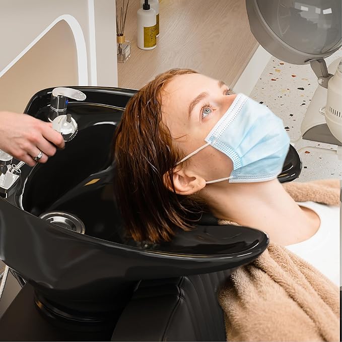 Barber Backwash Chair, Salon Shampoo Bowl and Chairs, Shampoo Unit with Neck Rest, Hair Washing Station with Ceramic Bowl, Shampoo Bowl Sink Chair Station for Spa Beauty Salon, Black