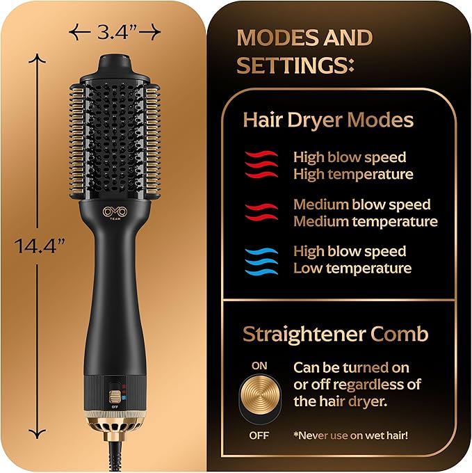 Blowout Brush Hair Dryer, 4-in-1 Blow Drying Brush, Automatic Dual Voltage, Ionic Hair Straightener w/No Heat Damage, Light 1.3 lb Blowout Tool, Blow Dryer Curling Wand, Hot Air Styler for All Types
