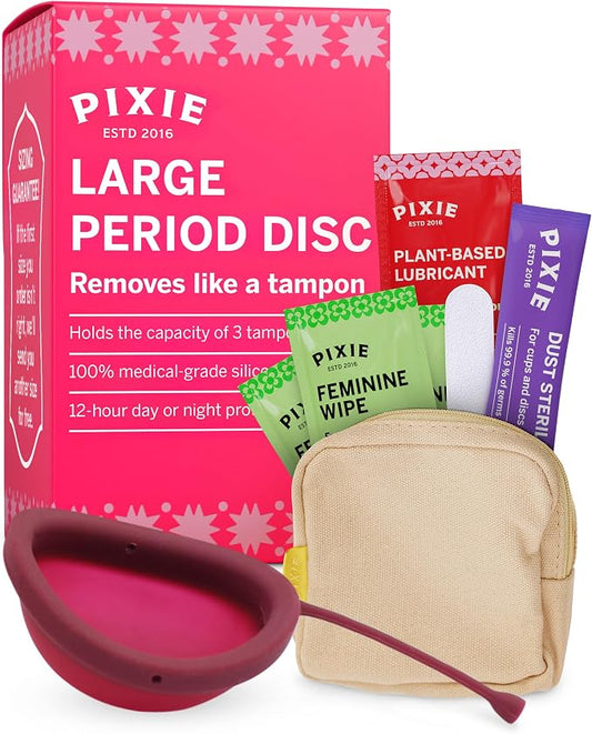 Pixie Menstrual Disc for Feminine Care - Ranked 1 for Best Tampon Alternative Period Disc - 100% Medical-Grade Silicone - Removes Like a Tampon - Wear 12 Hours - Capacity of 7 Tampons (Large)