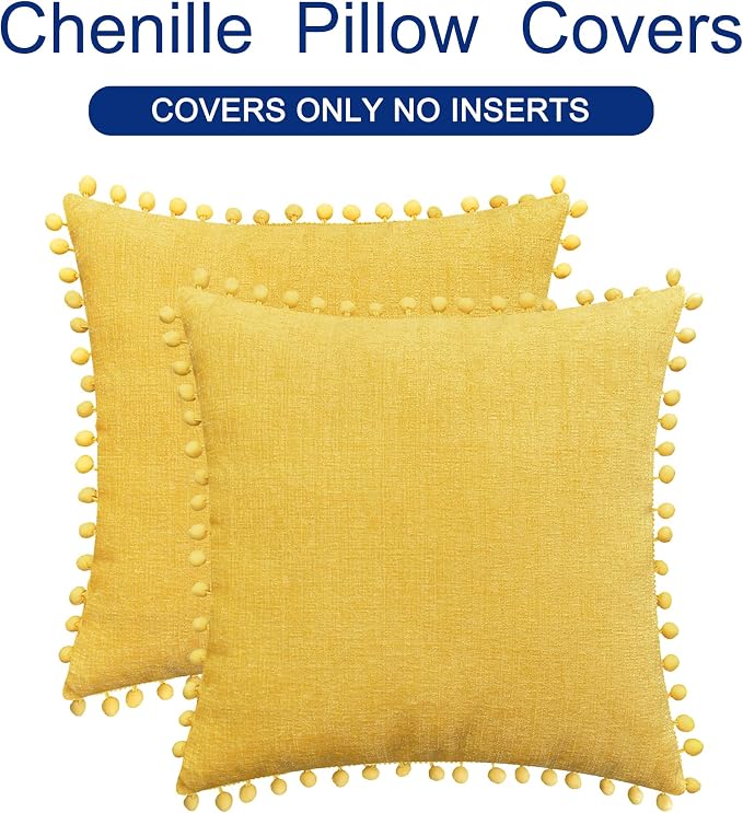 CaliTime Decorative Throw Pillow Covers 16 X 16 Inches Mustard Yellow | Pack of 2, Cozy Chenille Cushion Cases, with Pom Poms for Sofa Bed Living Room Farmhouse Home