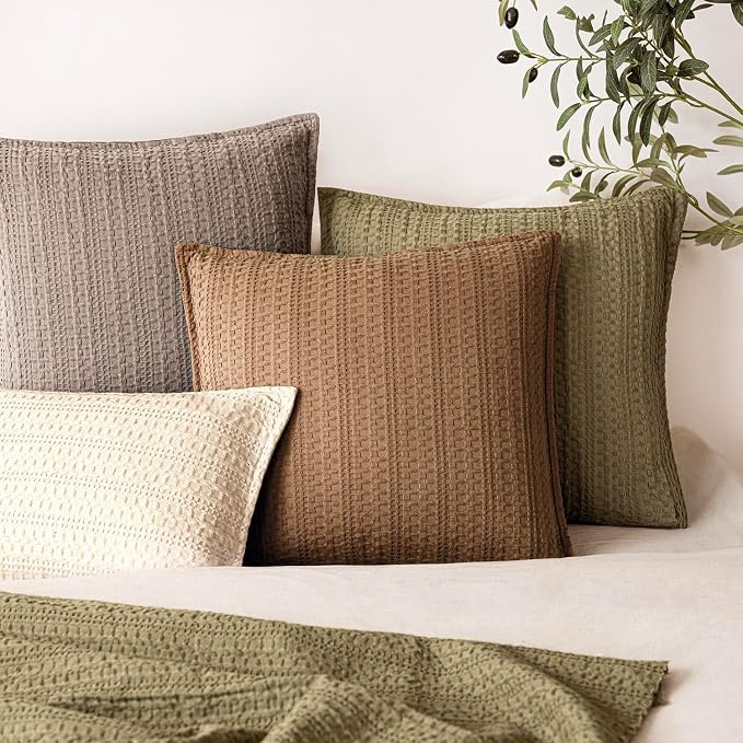 Foindtower Set of 2 Decorative Cotton Waffle Weave Throw Pillow Covers Euro Shams Cushion Covers Accent European Pillowcase for Bed Couch Sofa Bedroom Living Room Home Decor 18×18 Inch Orange Brown