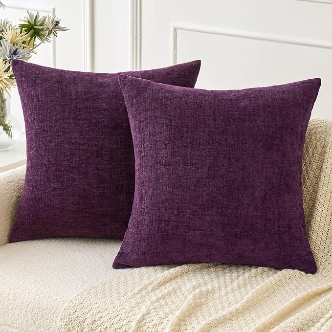 MIULEE Soft Chenille Throw Pillow Covers Plum Purple 18x18 Inch Pack of 2 | Modern Home Decor, Classic Decorative Pillows, Solid Dyed Cases, Boho Couch Cushion Covers for Sofa Bed Living Room