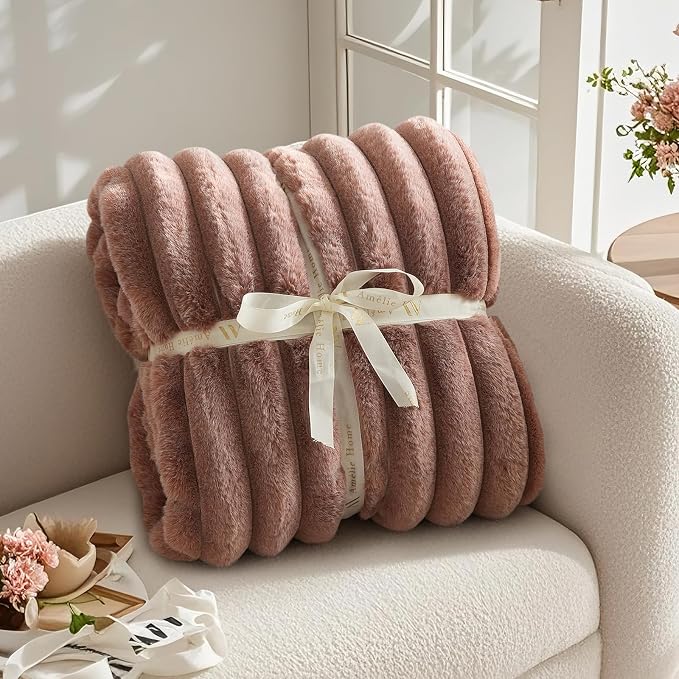 Faux Fur Throw Blanket for Couch, Ultra Cozy Fuzzy Fluffy Fur Luxurious Soft Striped Plush Gift Blankets for Family Sofa Chair Bedroom, 55"x70", Cationic Fox Pink Brown