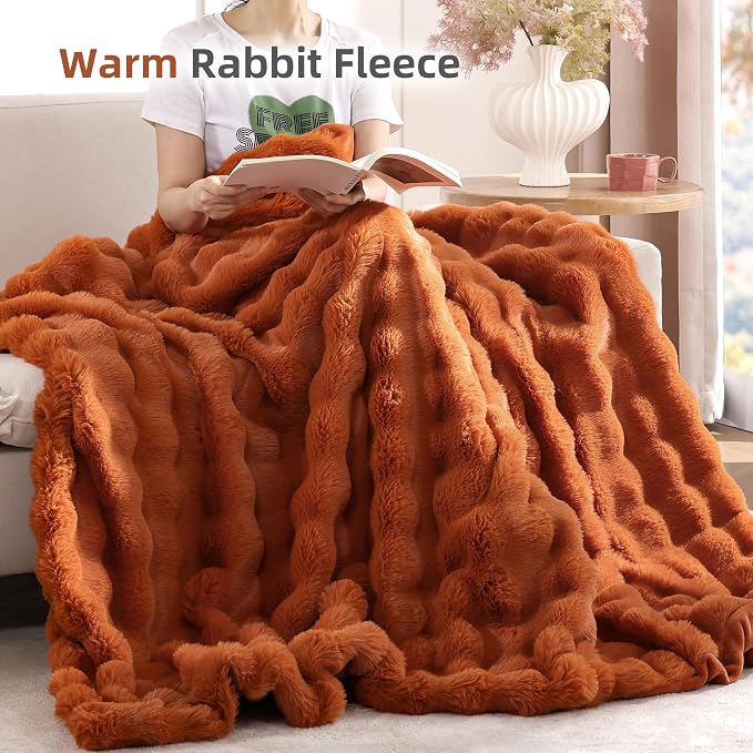 Faux Fur Fall Throw for Couch - Burnt Orange Bubble Blanket 60"x80" | Fluffy Plush Fuzzy Throw for Sofa & Bed, Super Soft Cozy Comfrt Blanket, Luxury Aesthetic Burnt Orange Decor Gift for Women